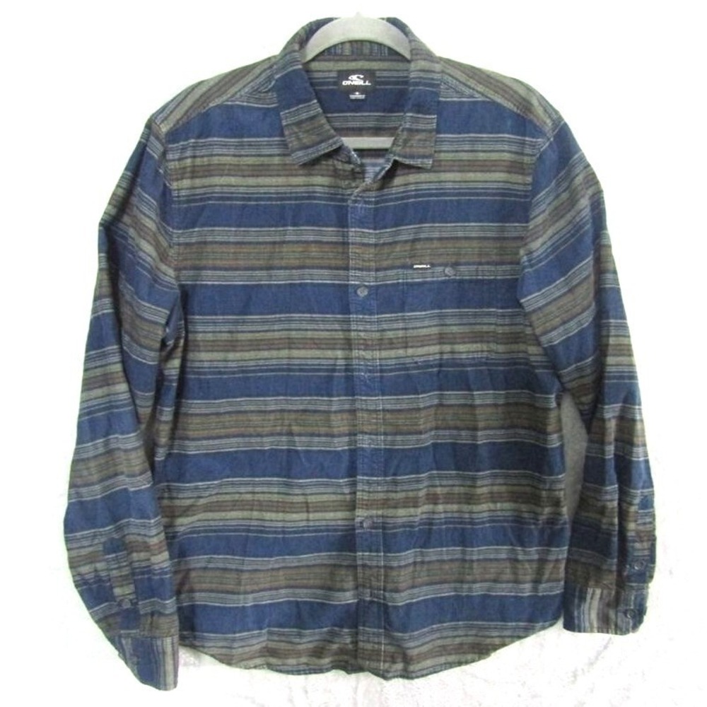 O'Neill M Blue Green Striped Flannel Button Shirt Cotton Surf Skate Casual